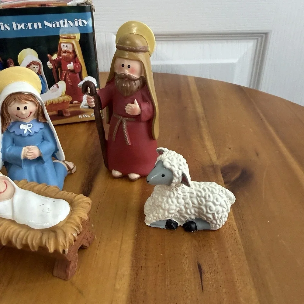 A Child Is Born‎ 6 Piece Nativity Set Mary Jesus Wisemen Lamb Donkey Cottage